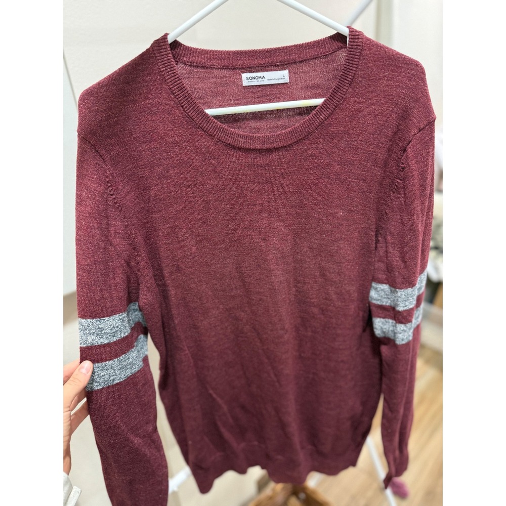 Sonoma Mens Burgundy Crewneck Sweater Varsity Stripe Long Sleeve Knit Large